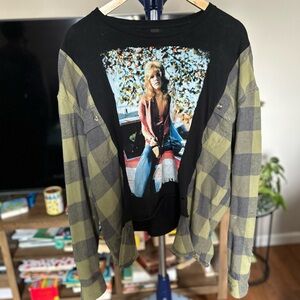 STEVIE NICKS Black and Green Plaid upcycled Graphic Long Sleeve Shirt
